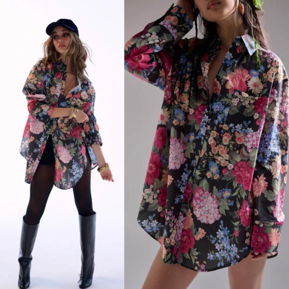 NEW Selkie The Puck Big Blouse Button Down Causal Black Pink Floral - Picture 1 of 9